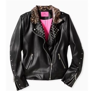 Torrid X Betsey Johnson Black Leather Jacket with Leopard Collar
